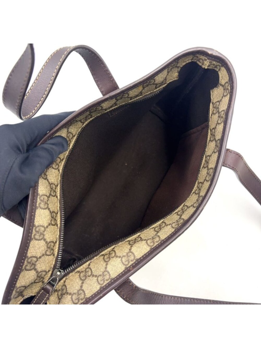 Gucci GG Supreme Leather Canvas Khaki Beige Dark Brown Tote Bag Silver - Picture 3 of 15